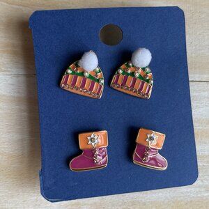 Enamel Earrings 2 Pair Stud Back Winter Hat & Boot Unbranded